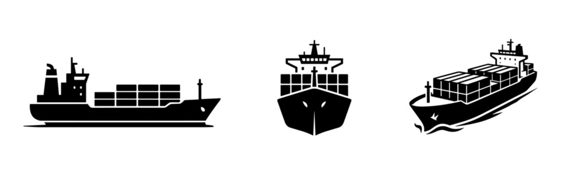 Cargo container ship vector icon set, global logistics and shipping.