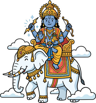 Hindu Deity Indra with Elephant on Cloud Cartoon Illustration