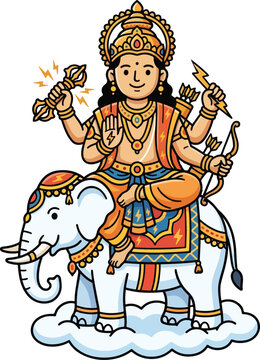 Hindu Deity Indra with Elephant on Cloud Cartoon Illustration