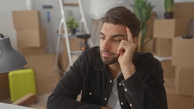Man with beard touches temple with finger among stacked cardboard boxes and lamp while packing in building; pensive reflection.