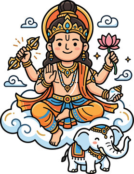 Hindu Deity Indra with Elephant on Cloud Cartoon Illustration