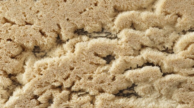 Close up texture of porous beige coral like fulgurite rock formation with fine intricate organic patterns