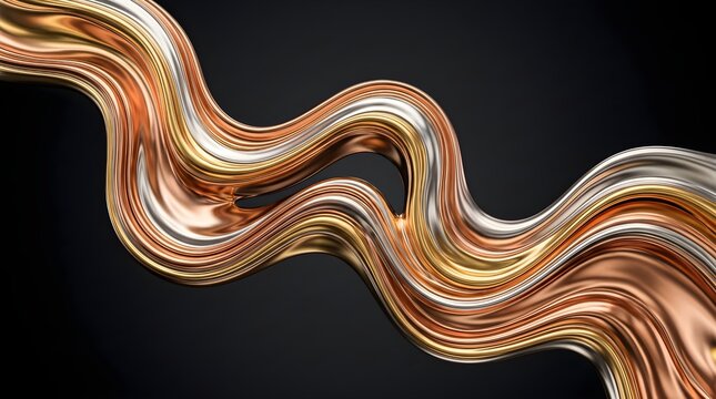 Metallic liquid wave in gold and silver, flowing 3D abstract chrome ribbons on black background, luxury copper and bronze silk texture