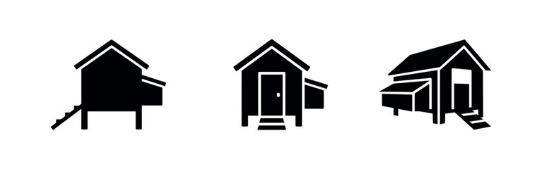 Set of chicken coop and poultry house icons. Farm animal housing silhouettes on white background. © Lili