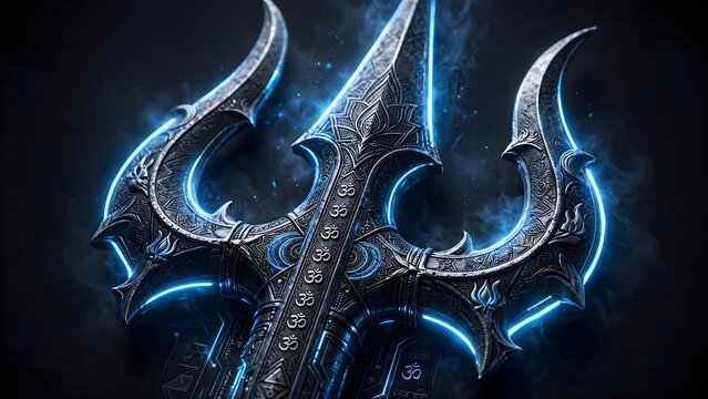 Futuristic glowing trident with intricate patterns and blue highlights