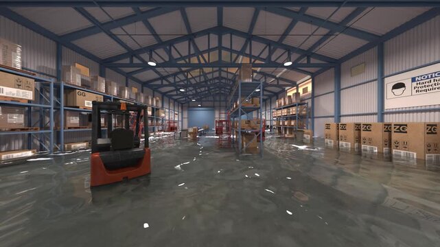 浸水した倉庫　3DCGレンダリング