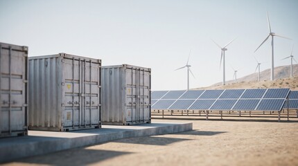 Battery energy storage container units beside solar panels and wind turbines at renewable power generation farm © Ashir