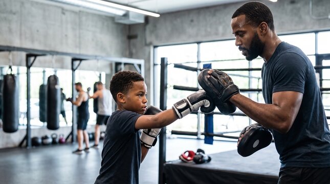 African American father coach train young son boxing with focus mitts in modern gym for fitness and discipline