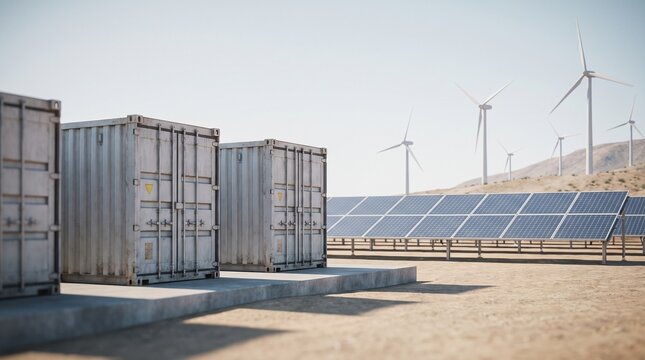 Battery energy storage container units beside solar panels and wind turbines at renewable power generation farm