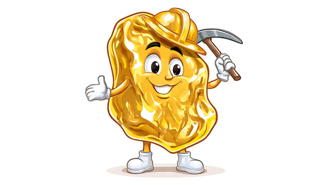 Friendly anthropomorphic gold nugget character wearing a shiny yellow hard hat and white boots, holding a pickaxe tool. Isolated mascot illustration on a plain white background.