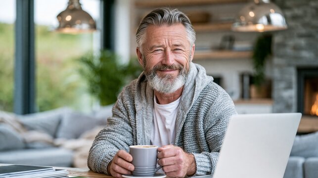 Confident man aged 62 works remotely in a stylish home office while enjoying a coffee in natural daylight Generative AI
