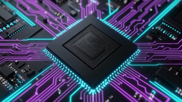 黒い高性能マイクロプロセッサから紫とネオンブルーの配線が放射状に広がる