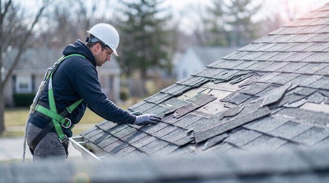 Worker inspect heavily damaged missing shingles on residential roof during home exterior repair inspection