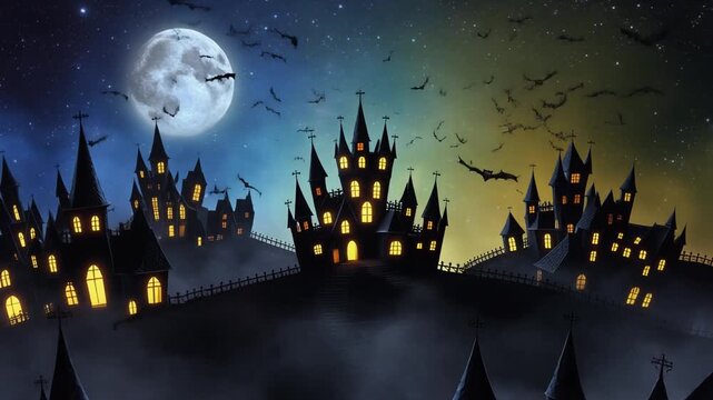 満月の夜に黒い古城群と尖塔が広がり黄金色の窓明かりとコウモリが幻想感を作る