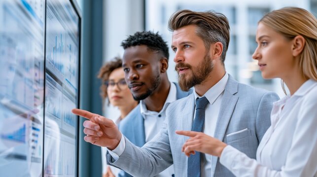 Business team works together in modern meeting room to create ideas and review presentation on screen Generative AI