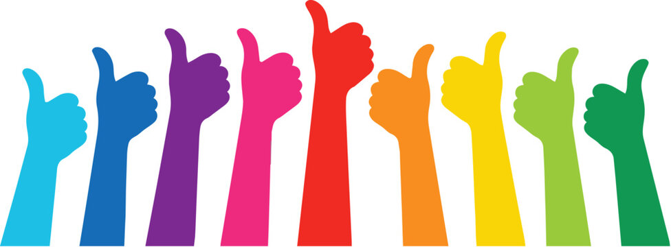 Colorful hands raised together showing thumbs up gesture for success and teamwork isolated on a white background banner