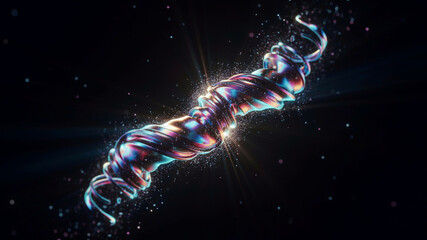 Obraz premium Abstract DNA double helix with iridescent metallic texture, glowing genetic spiral in dark space, futuristic biotechnology and science concept