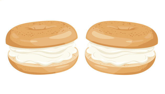 Two freshly baked bagels spread with creamy white cheese isolated on plain white background.
