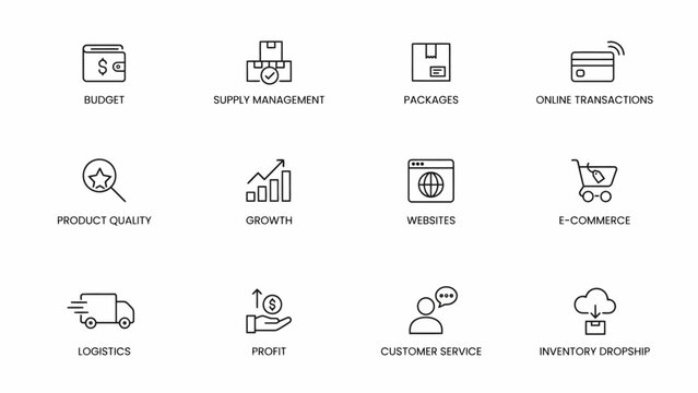 Simple business icons set illustrating e-commerce and supply chain management concepts . Vector Flat Illustration.