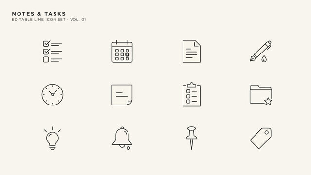 Editable line icons set for notes and tasks with calendar, clock, checklist, and document symbols . Vector Flat Illustration.