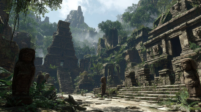 Maya Aztec civilization, Mexico culture. Mysterious, fantasy. A vivid portrayal of an ancient temple complex in a lush, tropical jungle.