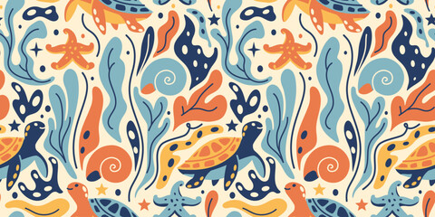 Retro palette wide marine seamless background. Hand-drawn calm doodle tile backdrop with cute sea turtle, seaweeds, and starfish for vintage coastal wallpaper and fabric. © Vigurskaia Sofiya