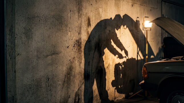 automotive repair techniques, a shadow of a man bends against a concrete wall while repairing a car engine