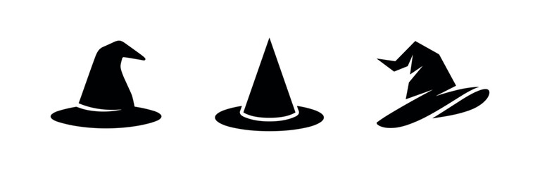 Witch Hat Icons Set. Halloween Wizard Hat Symbol Collection. Classic magic and fantasy headwear graphics. © Lili