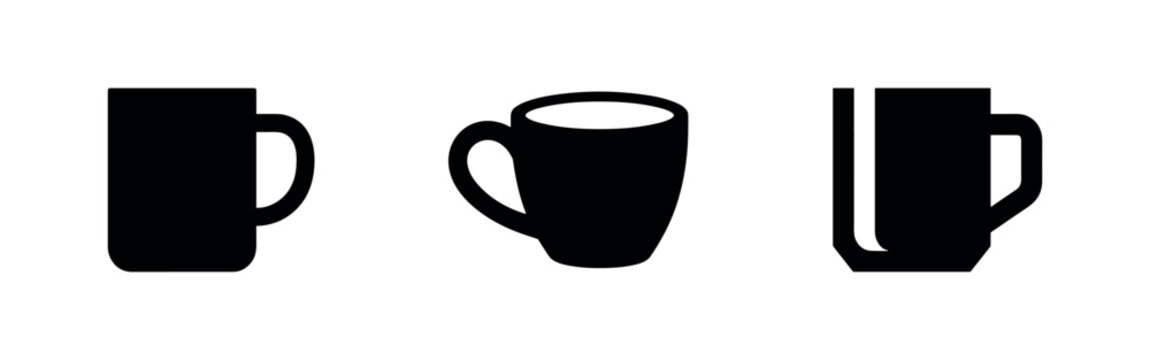 Mug and Beer Stein Icons Set. Drinkware and Beverage Container Symbols. Coffee, tea, and beer cups graphics.