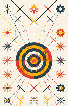Abstract geometric sunburst design with concentric circles tribal arrows stars and folk ornaments in bohemian color palette