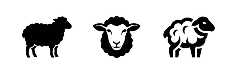 Sheep icons set in black silhouette, depicting woolly farm animals for agriculture or mascot design. © Lili