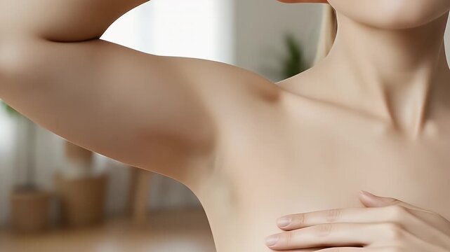 Close up view of a woman showing her clean underarm area while maintaining a gentle and healthy skincare routine for her smooth and soft skin