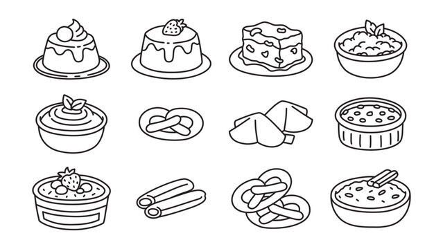 Assorted desserts and bakery treats outline icons set for cafes and pastry. Flan, Strawberry panna cotta, Bread pudding, Tapioca, Custard, Pretzels, Fortune cake, Brulee, Trifle, Ladyfinger
