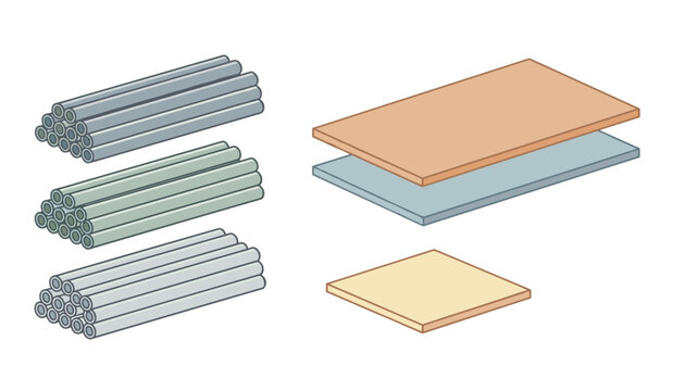 Collection of various industrial steel pipes and flat metal sheets presented as an isometric graphic for construction projects.