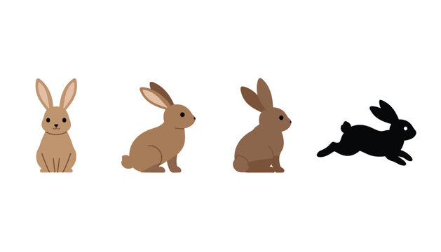 Sequence of four small rabbits in various poses including standing, sitting, crouching, and a final black jumping silhouette.
