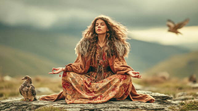Europe medieval lifestyle. A vivid portrayal of a woman with long, wavy hair, seated in a meditative pose on a rocky outcrop. She wears a long, flowing dress with intricate patterns in red, gold.