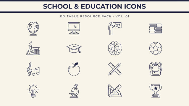 Set of sixteen black and white school and education icons for educational resources . Vector illustration.