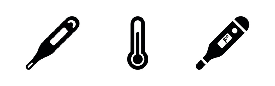 Digital and traditional mercury thermometer icons for measuring body temperature and fever, medical health device symbols.