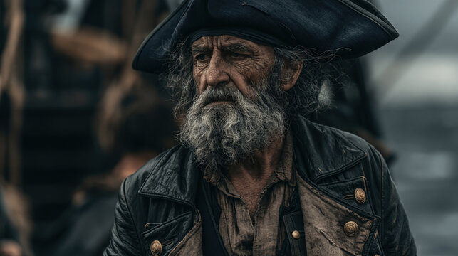 Europe medieval lifestyle. A closeup portrait of an elderly man with a long, full beard and mustache. He wears a black leather jacket with gold buttons and a brown shirt.