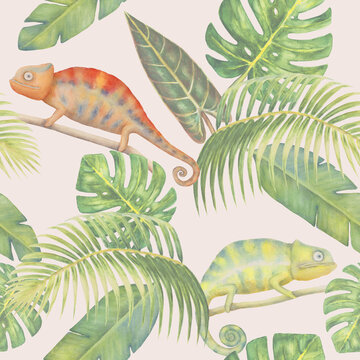 Seamless Watercolor Chameleon Pattern with Tropical Botanical Leaves