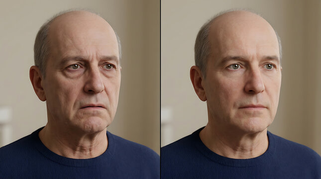 Before and After Facial Expression Transformation of an Elderly Man with Subtle Improvements in Skin Tone and Facial Features