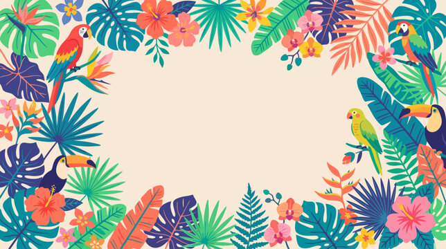Vibrant tropical floral border with colorful exotic birds and lush lush foliage creating a lively nature-inspired frame for