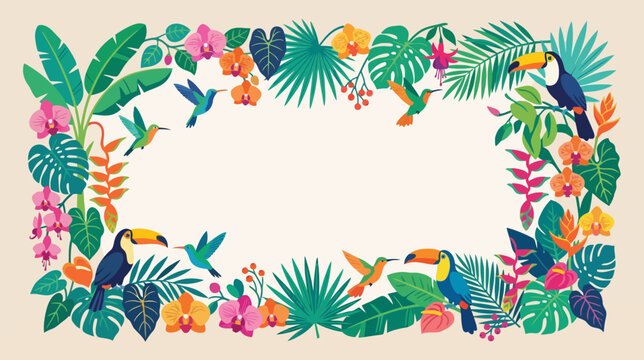 Vibrant tropical floral and fauna border with toucans and hummingbirds for tropical themed designs