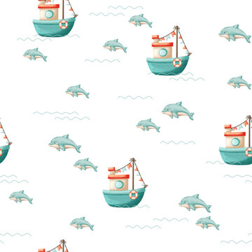 Hand drawn seamless dolphin boat nursery pattern paper texture
