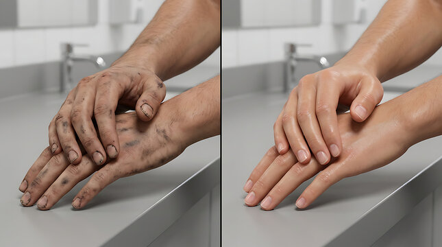 Before and after cleaning of dirty hands demonstrating improved hygiene and skin condition with successful hand washing process