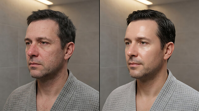 before and after skincare transformation of a middle-aged man with improved skin clarity and youthful appearance