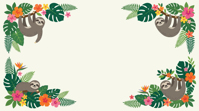 Whimsical tropical sloth illustrations surrounded by lush green foliage and vibrant colorful flowers creating a cheerful border
