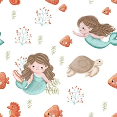 Hand drawn seamless mermaid nursery pattern on grainy paper © Jundelly Atelier