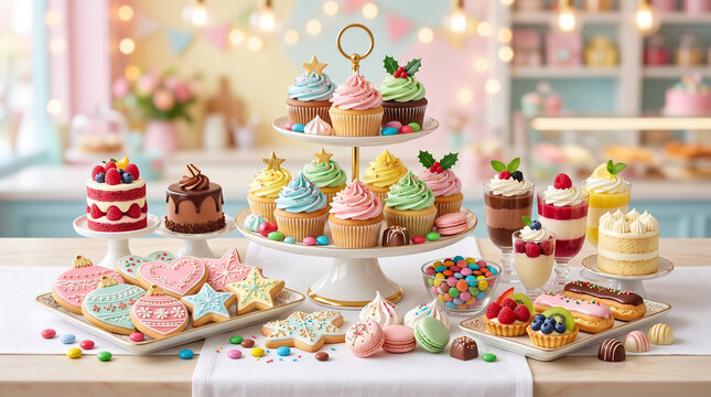 Multi-tiered display of cupcakes and desserts on a table in a bakery