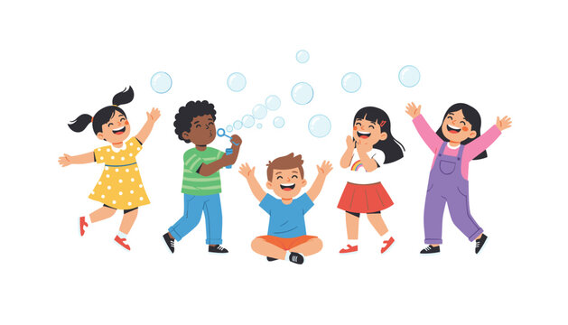 Group of happy diverse children laughing and enjoying themselves while blowing and chasing bubbles outdoors.